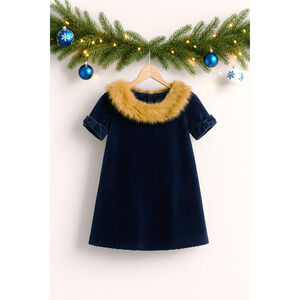 Janie and Jack Girls Navy Blue Velvet Faux Fur Collar Holiday Party Dress Size 4